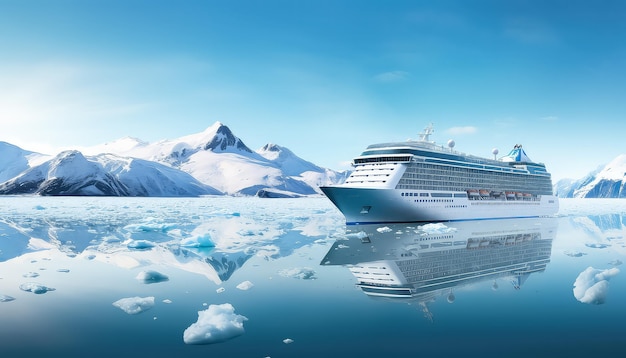 Statek wycieczkowy na północy wśród gór lodowych i lodu