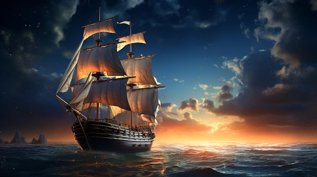 Statek żaglowy z nocnym niebem, zdjęcie jachtu, sztuka generowana przez sztuczną inteligencję