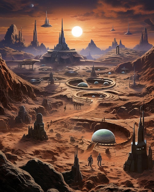 statki kosmiczne i ludzie na pustyni z zachodem słońca w tle generacyjna ai