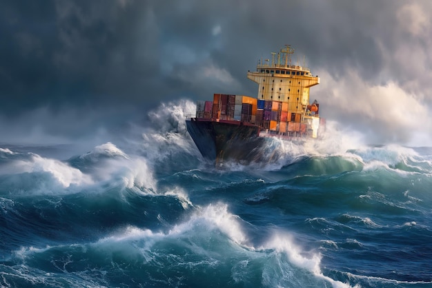 Statki przewożące kontenery unoszą się na powierzchni oceanu podczas silnego wiatru, któremu towarzyszy burza z rozpryskami
