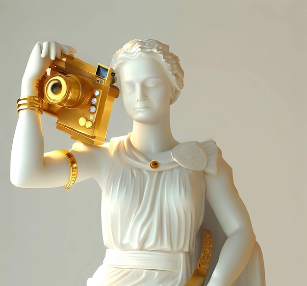 Statuetka ze złotymi detalami i aparatem odpowiednim na Dzień Fotografii