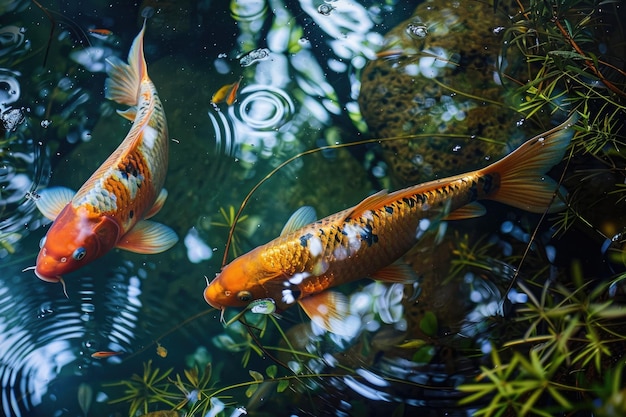 Staw z dekoracyjnymi pomarańczowymi podwodnymi rybami nishikigoi Akwarium japońskie karpy koi