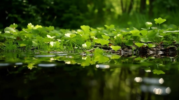 Staw z zielonymi roślinami i rośliną liściastą na pierwszym planie.