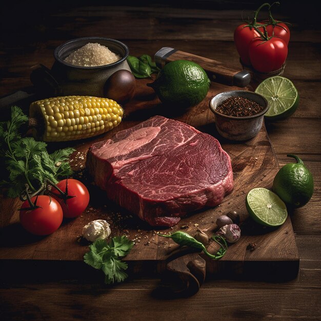 Steak jest na desce do cięcia z składnikami takimi jak kukurydza, pomidory i przyprawy.