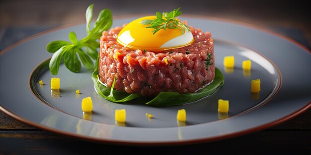 Zdjęcie steak tartare z żółtkiem jaja z bliska na stole