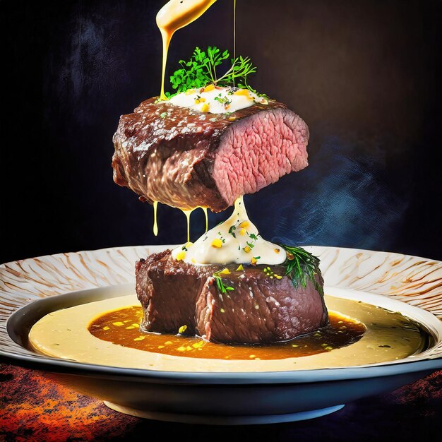 Zdjęcie steak z wołowiny ozdobiony kremową zupą z mięsem