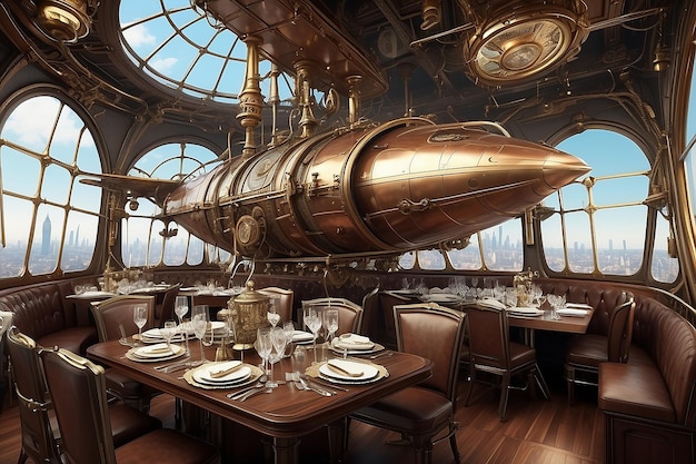 Steampunk Airship Banquet Wiktoriański Futurizm Mechaniczne Cudy Wysoko latająca elegancja