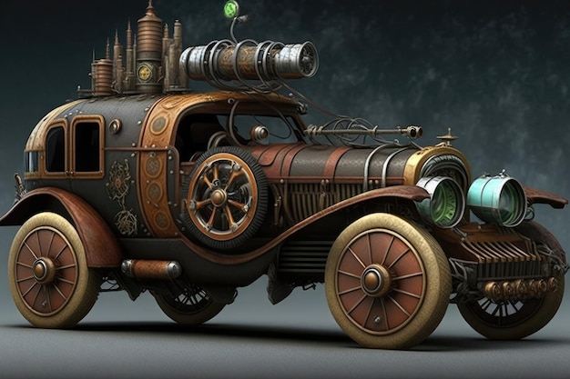 Steampunk Car Art Futurystyczny projekt Generacyjna sztuczna inteligencja