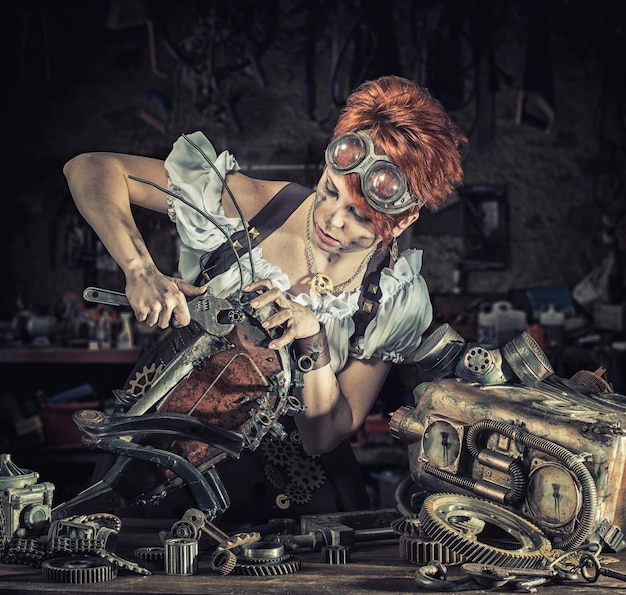 Steampunk Dziewczyna Naprawia Swojego Mechanicznego Zwierzaka