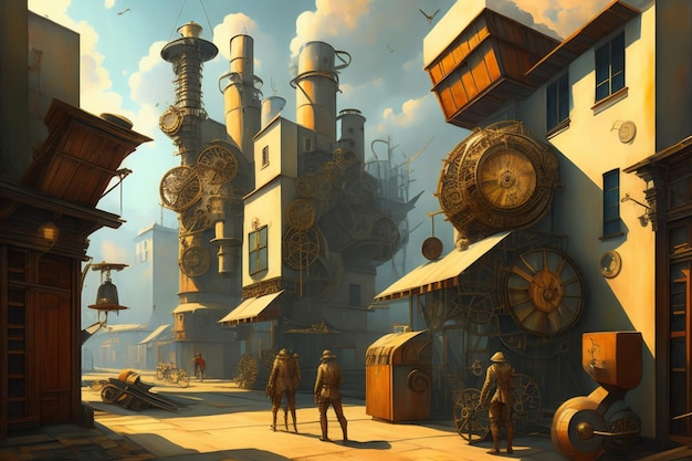 steampunk futurystyczny metaverse retro rustykalne miasto