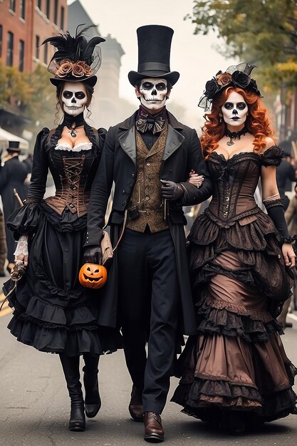 Steampunk Halloween parada z postaciami z epoki wiktoriańskiej z przerażającym zwrotem