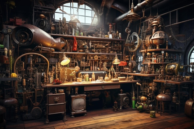 Steampunk Inventor's Workshop z gadżetami pełnymi generatywnej sztucznej inteligencji