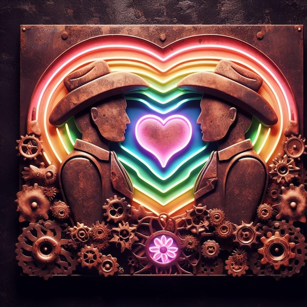 Zdjęcie steampunk kowboj mariachi czaszka w miłości neon znak amor walentynki koncepcja zardzewiałe tło