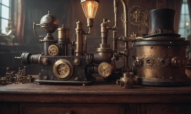 Zdjęcie steampunk tło mechanizmy przekładni żarówki i zegarki wysokiej jakości ilustracja