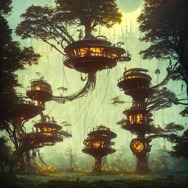 Steampunkowy hotel z wieloma domkami na drzewie marzycielskie otoczenie futurystycznego miasta