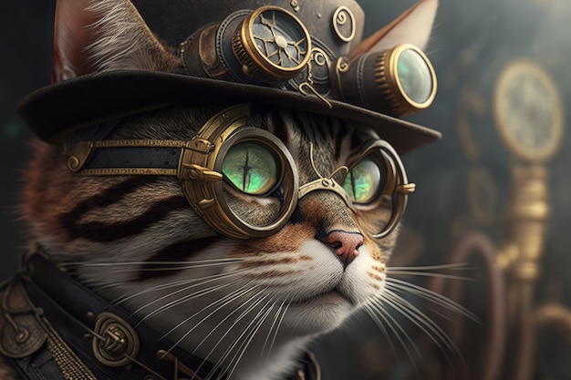 Steampunkowy kot z kapeluszową sztuczną inteligencją