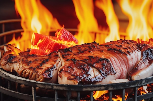 Stek TBone lub Porterhouse na grillu z płonącym płomieniem ognia Koncepcja żywności i kuchni