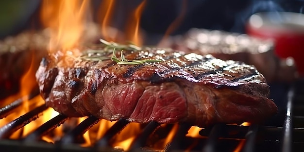 Stek z wołowiny ribeye grillowany na płonącym grillu Generative AI