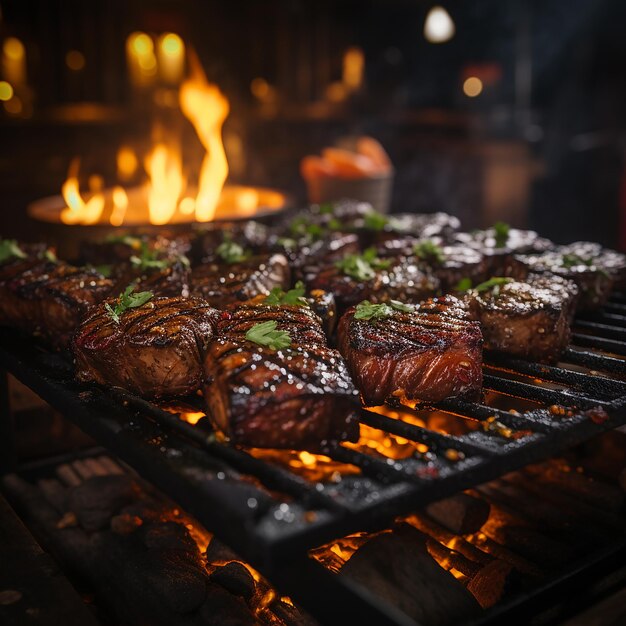 Steki są grillowane na grillu z płomieniami w tle.