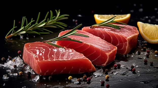 Steki z surowego świeżego tuńczyka z rozmarynem na wiejskim czarnym tle GENERUJ AI