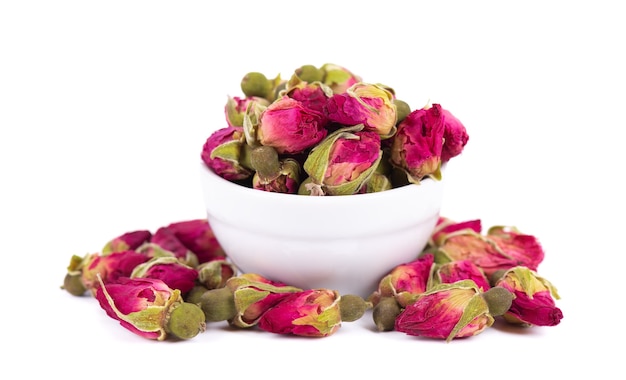 Sterta Suchych Pąków Róż Herbacianych W Ceramicznej Misce Na Białym Tle Przycinanie Herbaty Kwiat Róży