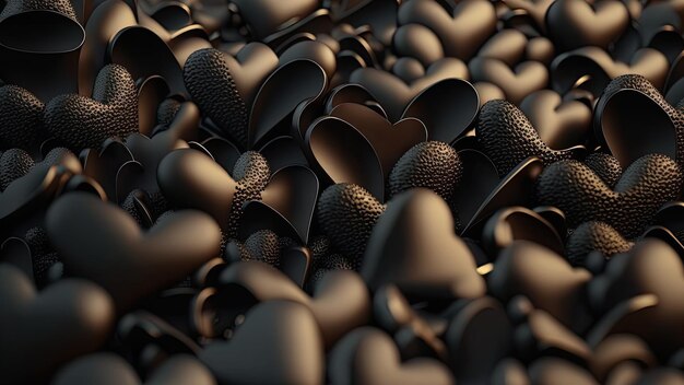 Sterta z wielu małych czarnych serc 3D. Koncepcja projektu Walentynki. Miłość tło. Rodzaje