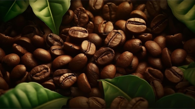 Sterta ziaren kawy pokrytych świeżymi zielonymi liśćmi Generative ai