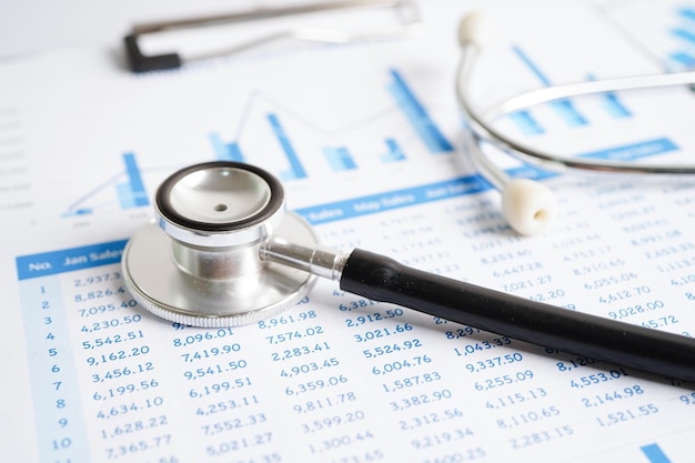 Stetoskop i banknoty dolara amerykańskiego na wykresie lub papierze milimetrowym Statystyki konta finansowego i dane biznesowe koncepcja zdrowia medycznego