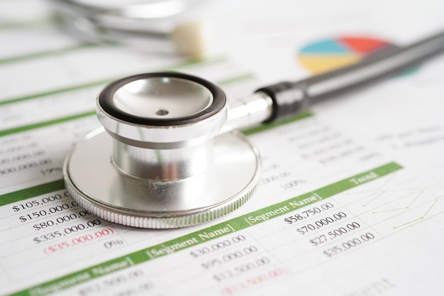 Stetoskop i banknoty euro na wykresie lub papierze milimetrowym Statystyka rachunków finansowych i dane biznesowe koncepcja zdrowia medycznego