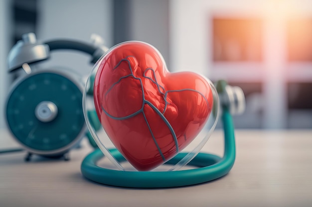 Stetoskop i czerwone serce na stole Koncepcja medyczna Generatywna sztuczna inteligencja