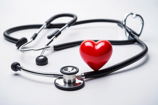 Stetoskop i czerwone serce symbolizują dzień zdrowia i dobre zdrowe życie
