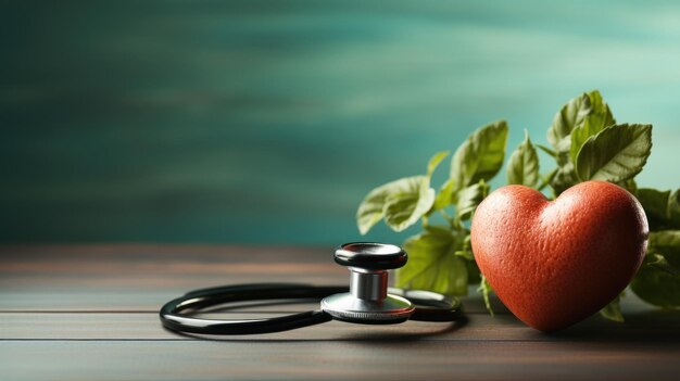 Stetoskop i czerwone serce z owocami przypominającymi o zdrowiu w tle