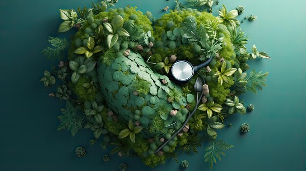 Stetoskop i zielone serce z małymi liśćmi na zielonym tle