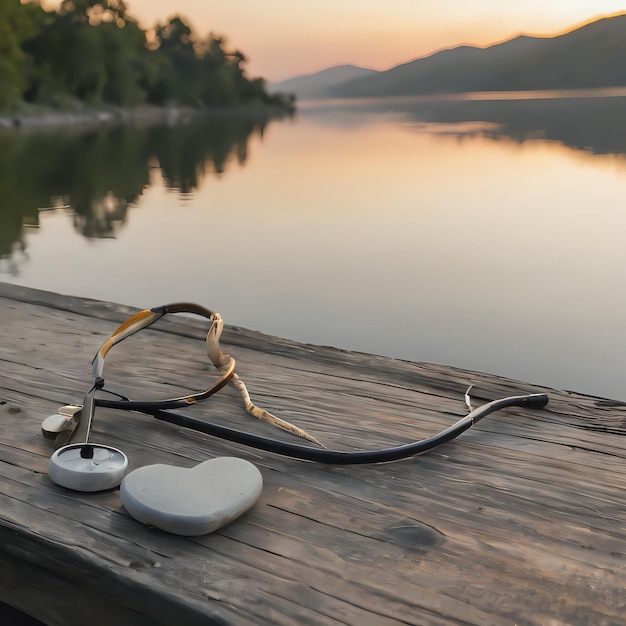 Zdjęcie stetoskop na doku obok jeziora