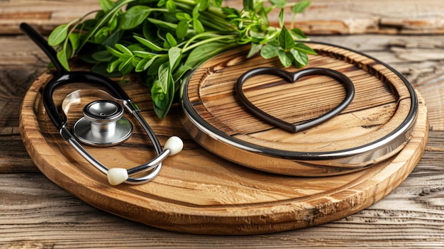 Zdjęcie stetoskop umieszczony na drewnianej desce z sercem i niektórymi ziołami