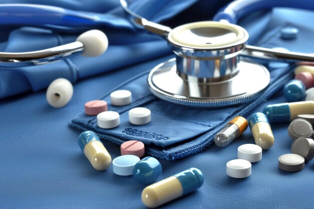 Stetoskop z torbą i tabletkami na kolorze