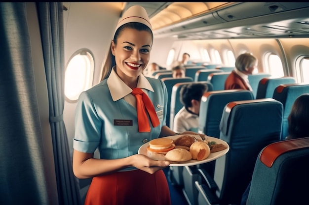 Stewardesa serwująca jedzenie w samolocie