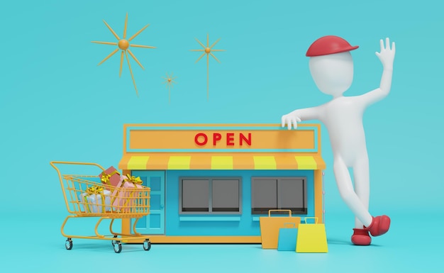 Stickman i sklep z pudełkiem podarunkowym i koszykiem na zakupy w niebieskiej kompozycji koncepcja biznesu franczyzy ilustracja 3D lub rendering 3D