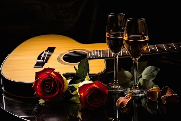 Still Life with Guitar Glass of White Wine and Red Roses Ciemne tło Romantyczny wieczór