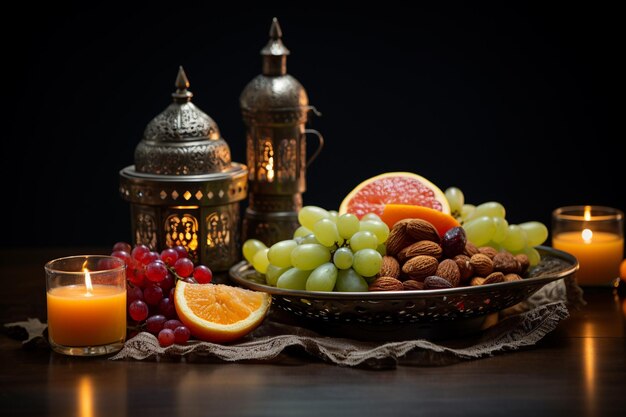 Still life z owocami na stole w ogrodzie o zachodzie słońca Ramadan Kareem