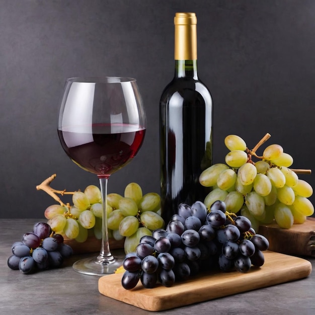 Still life z winogronami czerwonego wina i butelką wina na starym drewnianym tle czerwone wino i winogrona