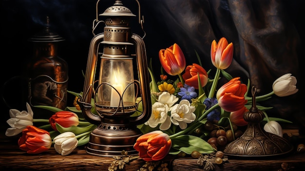 Zdjęcie still life z zestawem starożytnych świec, latarni, suszonych kwiatów i starych tkanin wygenerowanych przez sztuczną inteligencję.