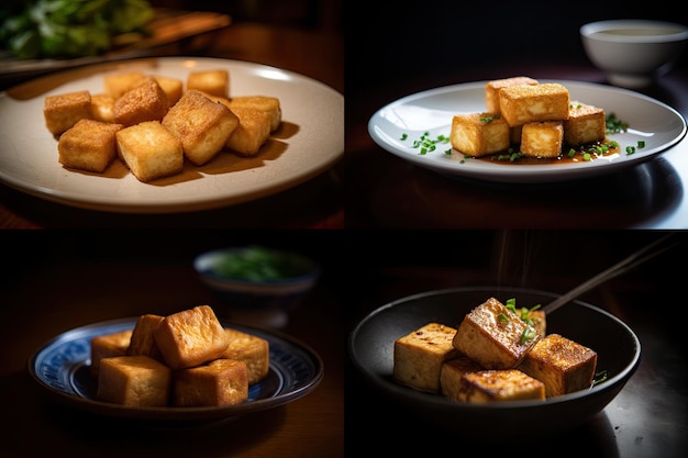 Stir Fried Tofu Collage Healthy Vegan Chinese Food Diced Fry Tofu Cubes on Dark Background Abstract Generative AI Illustration