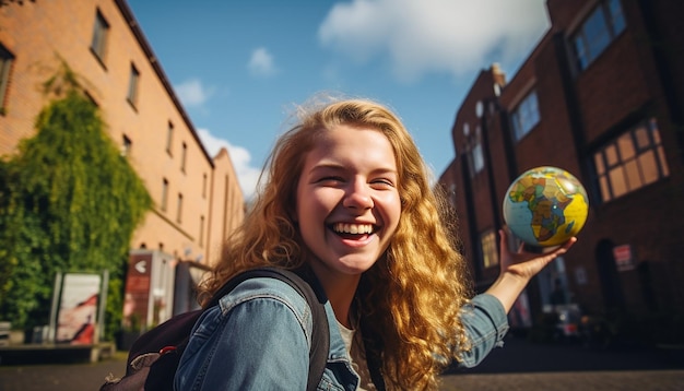 stock zdjęcie 18-letniej dziewczynki na eurotrip, szczęśliwej i śmiejącej się, trzymającej w rękach mapę świata