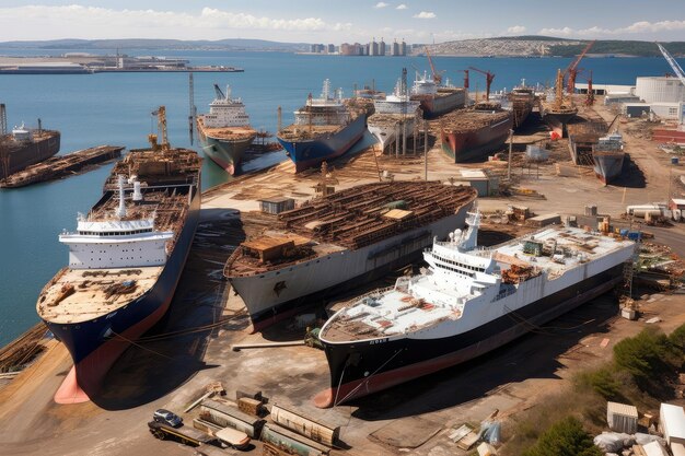 Stocznia z dziesiątkami statków na różnym etapie budowy i remontu