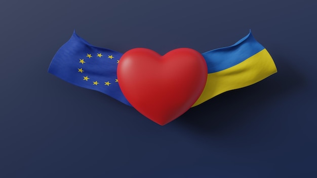 Stoimy z Ukrainą Europa wspiera Ukrainę Flaga Ukrainy i Flaga Unii Europejskiej z sercem