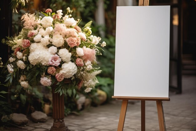 Stoisko ozdobione pustą białą tablicą oczekujące na zaprezentowanie wspomnień ślubnych