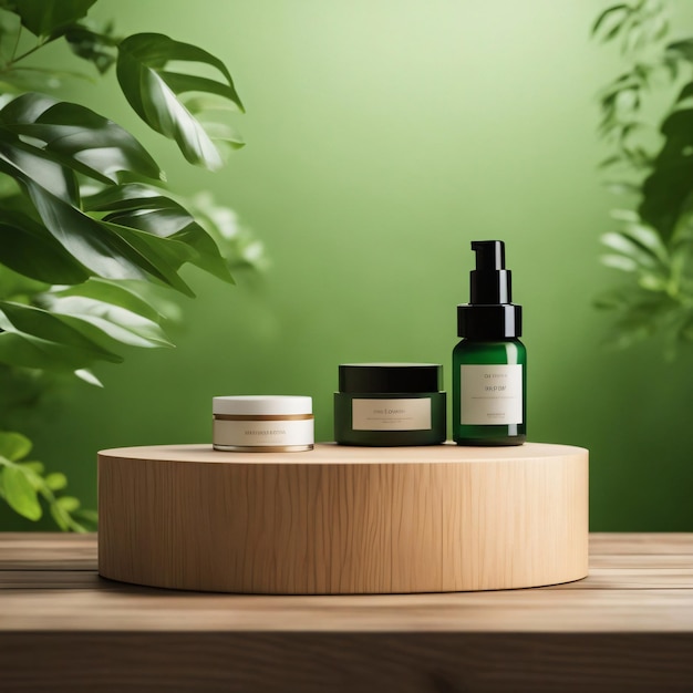 stoisko reklamowe produktu kosmetycznego wystawa drewniane podium na zielonym tle z liśćmi