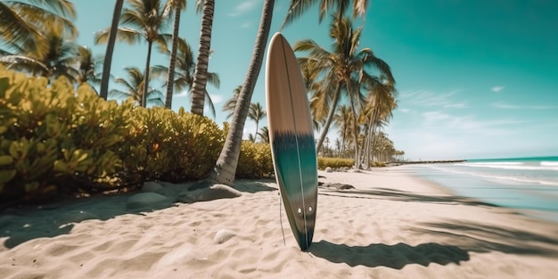 Zdjęcie stojąca deska surfingowa utknęła w piasku i leżała na palmie na rajskiej plaży w słoneczny d