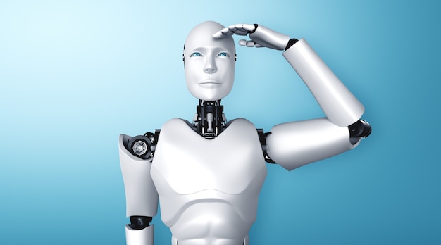 Stojący humanoidalny robot patrzy w przyszłość
